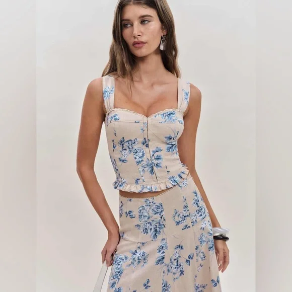 Reformation Beige Floral Midi Dress with Blue Print - Picture 3 of 6